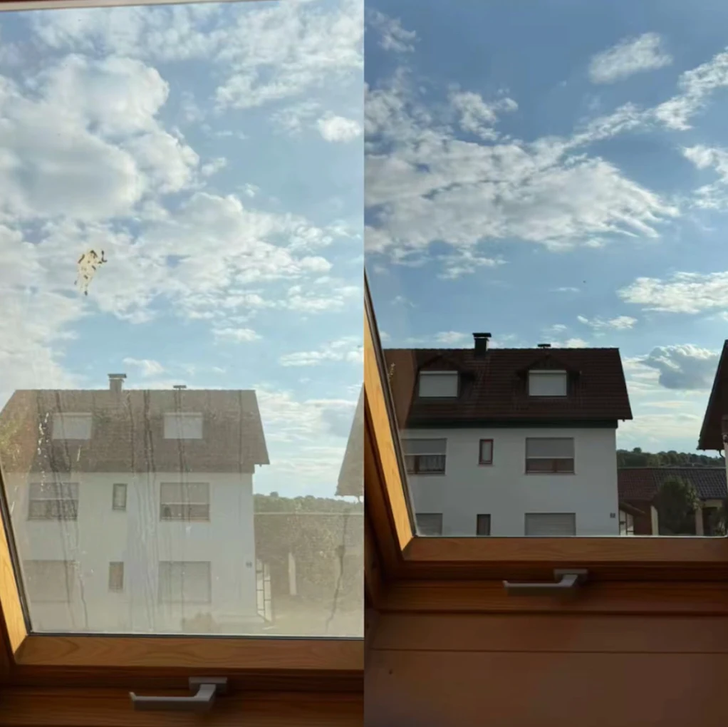Vorher-Nachher-Vergleich der Aussicht durch ein gereinigtes Fenster
