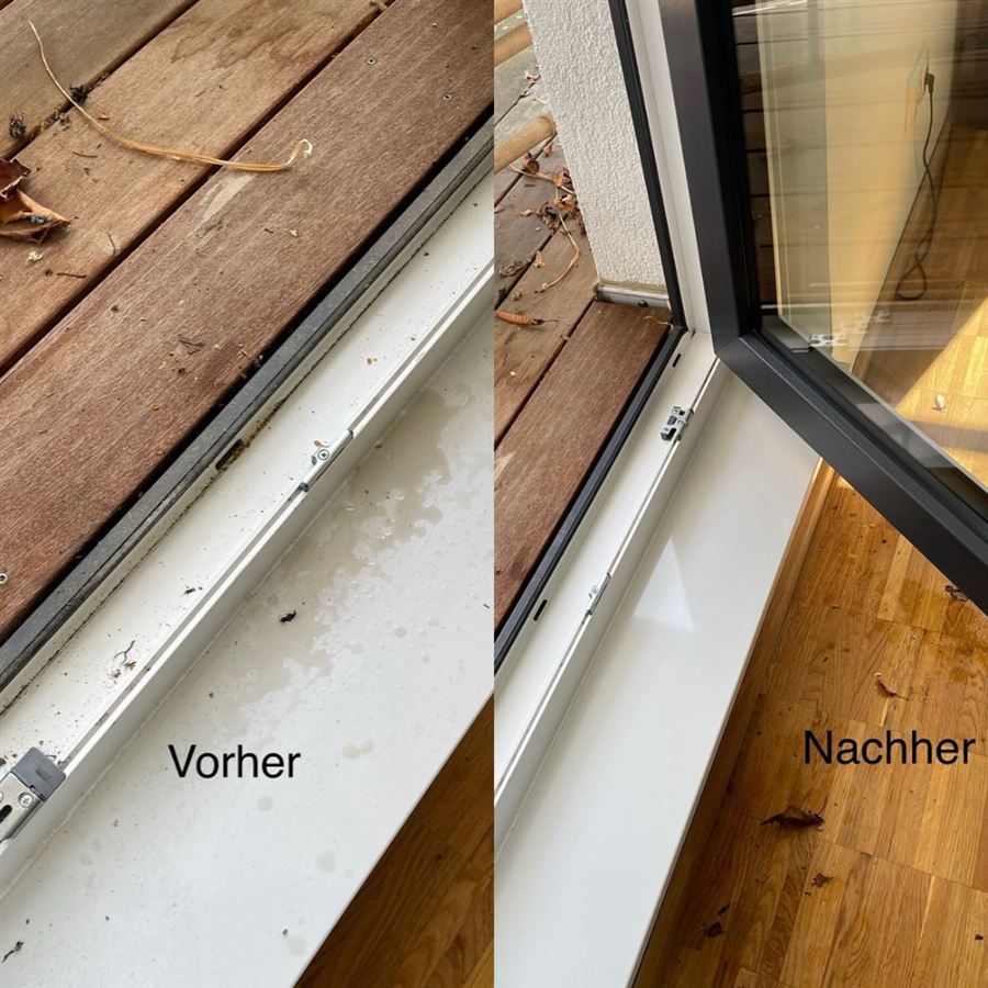 Vorher-Nachher-Vergleich einer Fensterrahmen- und Schienenreinigung